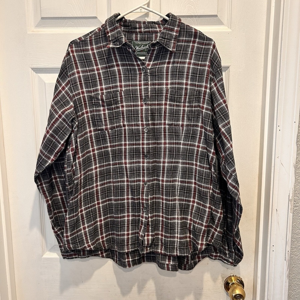 Woolrich Womens XL Button Down Shirt Plaid Onyx Black Red Cotton Long Sleeve